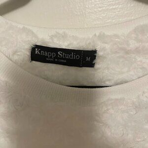 Womens Knapp Studio M Fuzzy White Pullover Sweater Cuffed Sleeve Feminine